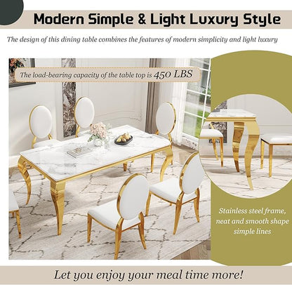 7-Piece Dining Table Set for 6, Faux Marble Modern Dining Table Set with 6 Oval Backrest Upholstered Chairs, 70“ Stainless Steel Legs Table & Chair Set for Kitchen, White & Gold