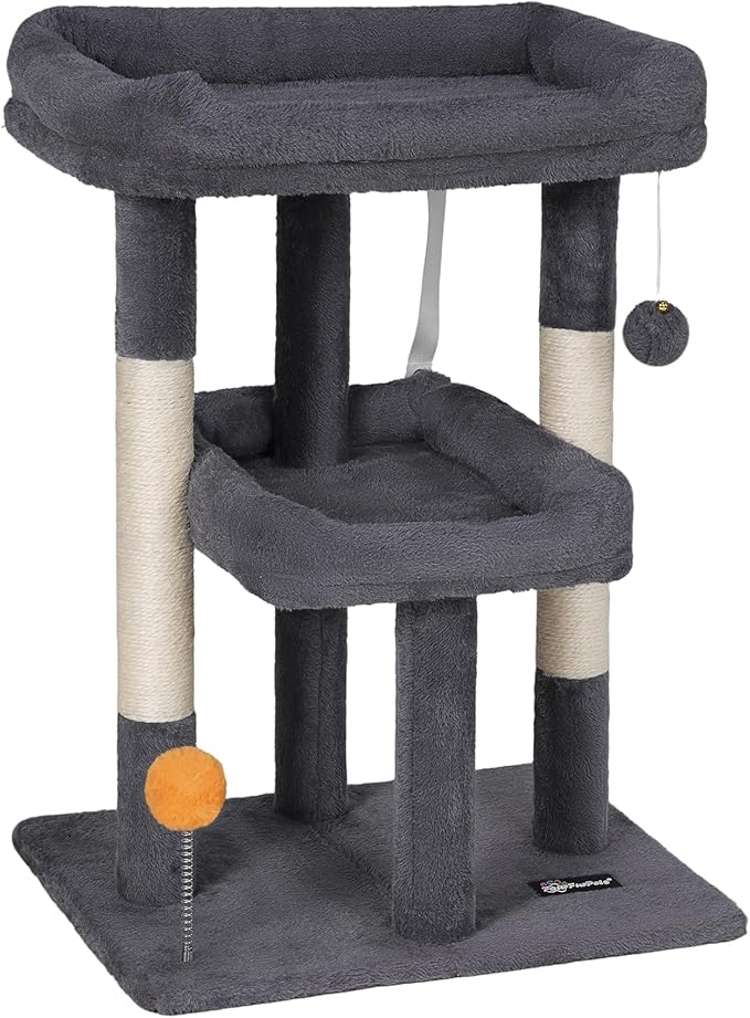 FourFurPets 27.6-Inch Cat Tree, Cat Tower for Indoor Cats, Cat Condo for Large Cats, Small Cat Tree with Scratching Post, Toy Balls, for Kittens, 2 Soft Platform, Dark Gray