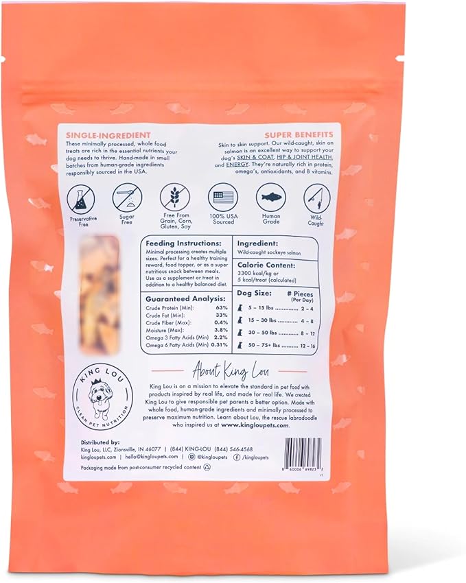 King Lou Pets - Wild Salmon Bites - Freeze Dried Treats for Dogs - Single Ingredient Dog Treat - USA-Made Salmon Treats for Dogs- Omega Rich for Skin & Coat Health - 1 lb Prior to Freeze-Drying