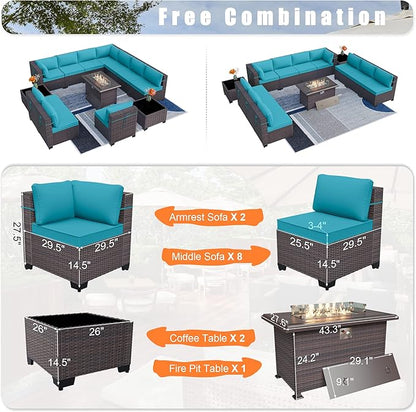 Kurapika 13 Pieces Patio Furniture Set, Rattan Wicker Outdoor Conversation Sets w/43in Propane Fire Pit Table and 4 Inch Cushion(Blue)