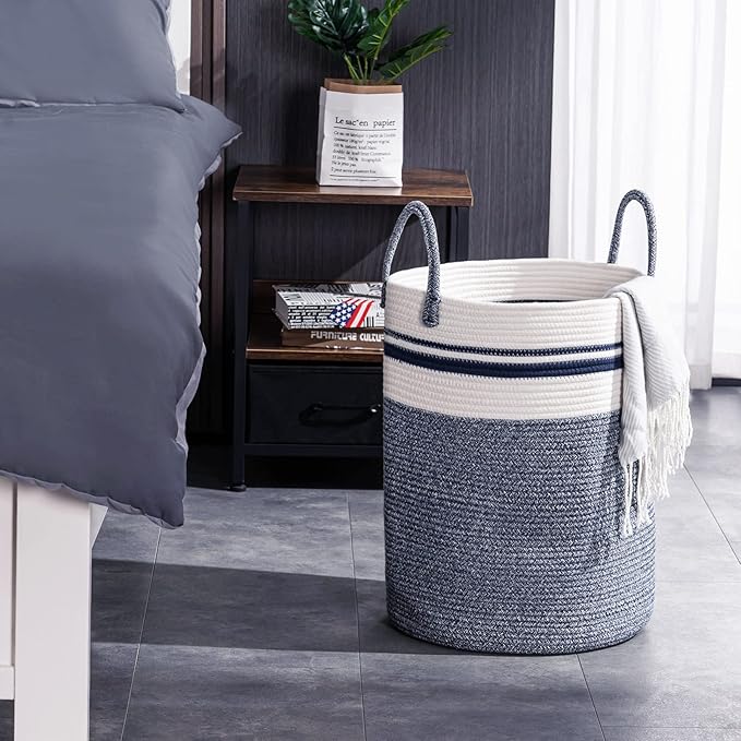 Woven Rope Laundry Hamper Basket by YOUDENOVA, 58L Tall Luandry Basket, Baby Nursery Hamper for Blanket Storage in Bedroom-Large-Blue