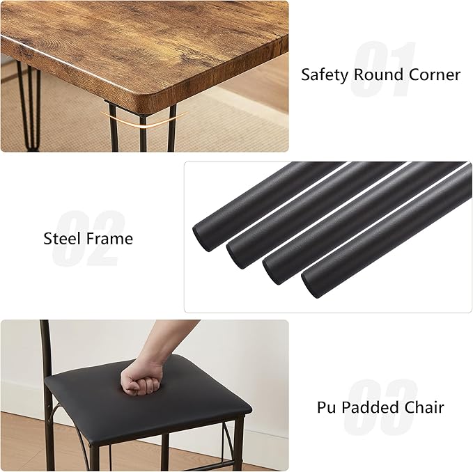 VECELO 5-Piece Dining Table Set for Home Kitchen Small Space Breakfast Nook, 4 Faux Leather Metal Frame Chairs, Retro Brown,Set for 4