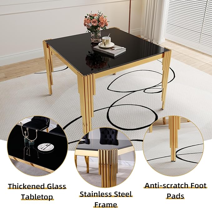 3 Piece Glass Dining Table Set, 35" Square Glass Kitchen Table with 2 Black Velvet Upholstered Chairs, Gold Dining Table for 2 with Chairs Set for Kitchen, Living Room