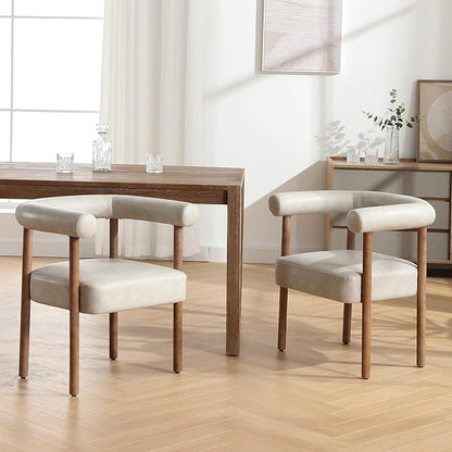PU Leather Dining Chairs Set of 6, Modern Upholstered Dining Chair, Curved Backrest Kitchen Chairs Accent Chair Armchairs with Natural Wood Legs, Grey