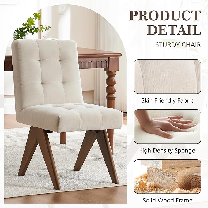 Rowill Modern Upholstered Dining Chairs Parsons Chair Linen Fabric Kitchen Chairs Tufted Armless Dining Room Chairs with Wood Legs Set of 4, Beige