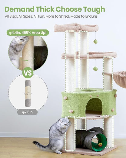 Cat Tree Tower for Indoor Cats Large Adult - Heavy Duty Extra Wide Scratching Post (φ4.4in) Maine Coon Condo House with Hammock Tunnel - 60 Inch XL Feline Bed Trees - Big Multi Level Cat Houses Stand