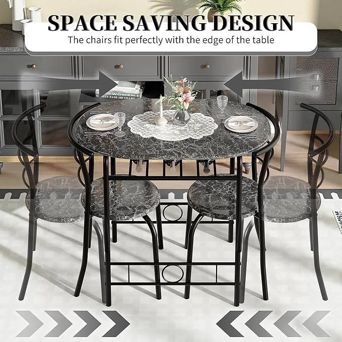 VECELO 3-Piece Dining Table Set for Kitchen Breakfast Nook, Wood Grain Oval Tabletop and Metal Frame with Built-in Wine Rack, for Small Spaces, Faux Marble & Black