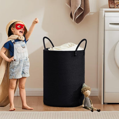 62L Black Woven Rope Hamper Laundry Basket for Clothes Tall Modern Blanket Storage Basket in Living Room Bedroom