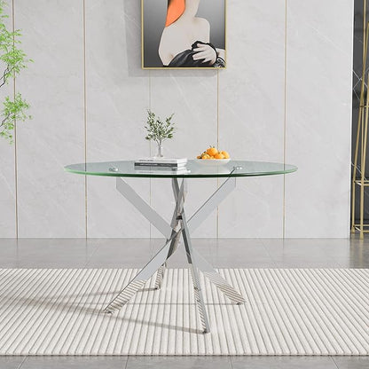 Goujxcy 5 Piece Round Glass Dining Table Set for 4, 47" Round Dining Table & Chair Set Modern Circle Glass Kitchen Table and 4 Velvet Upholstered Chairs for Kitchen Dining (Silver & Pueple Chair)