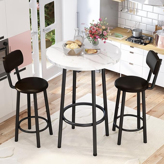 DKLGG Dining Table Set for 2 - 24" Round Kitchen Table With MDF Tabletop & 2 PU Leather Chairs, Bar Pub Set for Small Space Kitchen Living Room Apartment, White