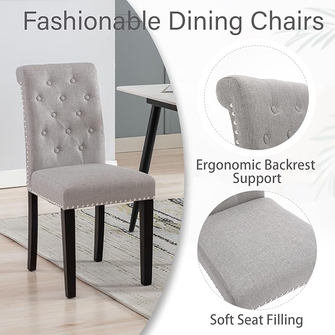 Westice Dining Room Chairs Set of 8 Upholstered Fabric Kitchen Chairs Dining Room Side Chair with Nailhead Trim and Rubber Wood Legs for Small Space Apartment, Light Gray