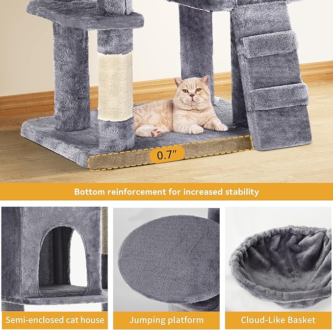 YITAHOME 70.8-Inch Tall Cat Tree Indoor: Multi-Level Kitten Tower with Kitty Condos, Top Perches, Scratching Posts & Cozy Basket Pet Play House Light Gray