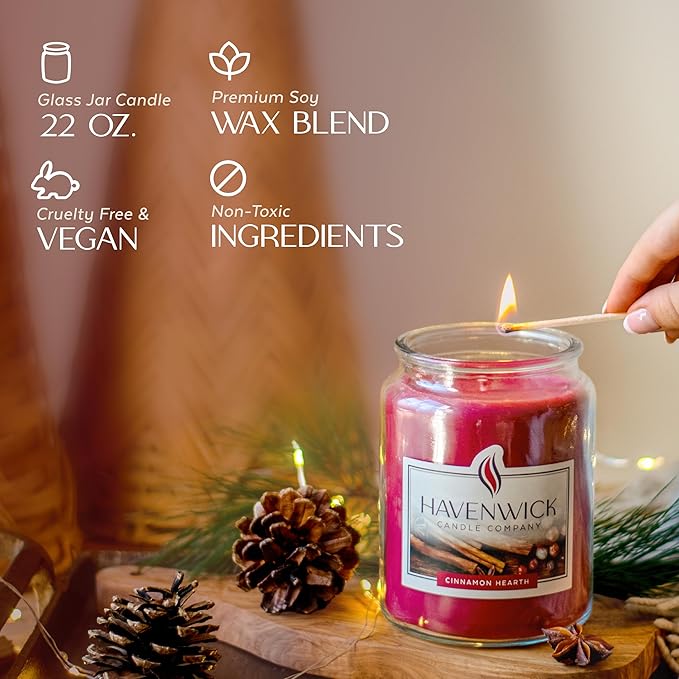 Havenwick Cinnamon Hearth Soy Blend 22-oz Large Jar Candle, Long Lasting 110-130 Hour Burn Time with Single Cotton Wick, Perfect Holiday Cinnamon Scented Candles for New Home Gift & Christmas Gift