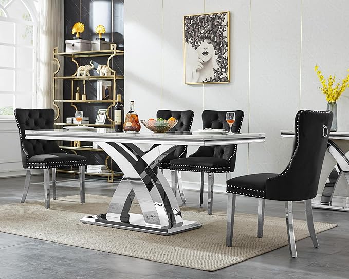 Goujxcy 5-Piece Dining Table Set Modern Faux Marble Dining Table Set for 4, Luxury 68" Long Faux Marble Kitchen Table with 4 Velvet Upholstered Chairs, Mirrored Stainless Steel Base