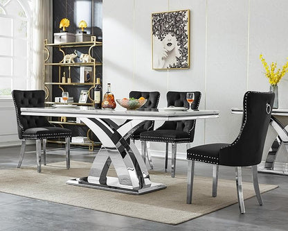 Goujxcy 5-Piece Dining Table Set Modern Faux Marble Dining Table Set for 4, Luxury 68" Long Faux Marble Kitchen Table with 4 Velvet Upholstered Chairs, Mirrored Stainless Steel Base
