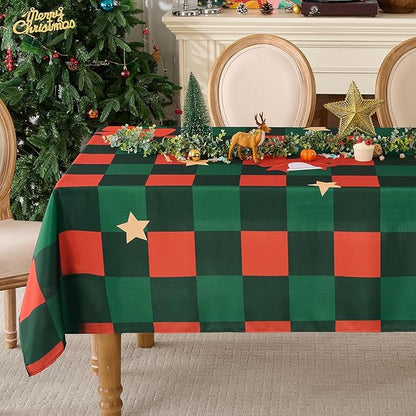 Christmas Tablecloth Rectangular 60x102 Inch Waterproof Table Cloth for 6ft, Washable Polyester Table Cover for Xmas Party, Winter Holiday Home Decoration in Festive Checkered Star 1pack