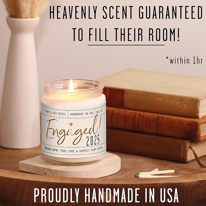 Engagement Gift, Engagement Gifts for Couples -'Engaged 2025' Candle, w/Peony & Rose Wedding Bouquet I Fiance Gifts for Women I Engaged Gift for Her I 50Hr Burn, USA Made