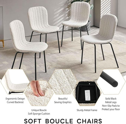 5-Piece Round Table Set for 4, 37.4" Grey Round Table with Hooks, Solid MDF Tabletop, Industrial Kitchen Table with Beige Boucle Dining Chairs for Restaurant, Dining Room