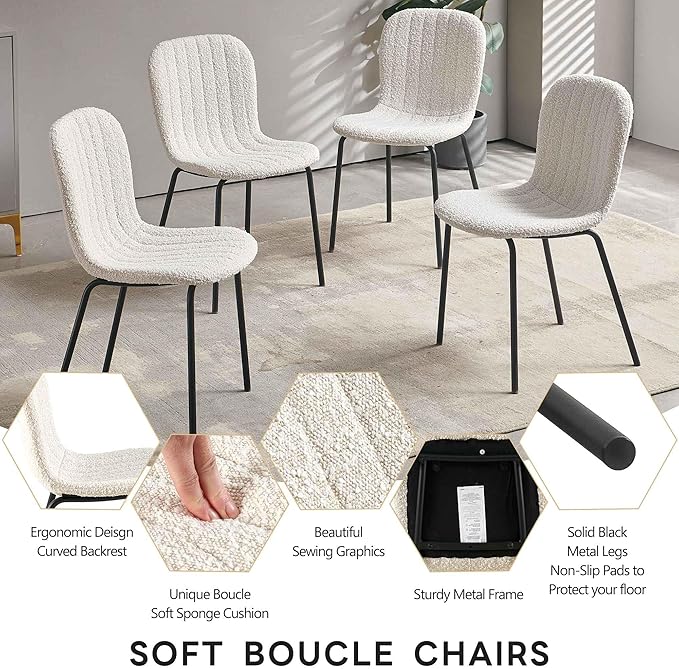 Dining Table Set for 4, Modern Kitchen Table Set and Chairs, 47" Rectangular Dining Table with 4 Mid-Century Dining Chairs Upholstered Boucle Room Chairs fpr Dining Room, Apartment