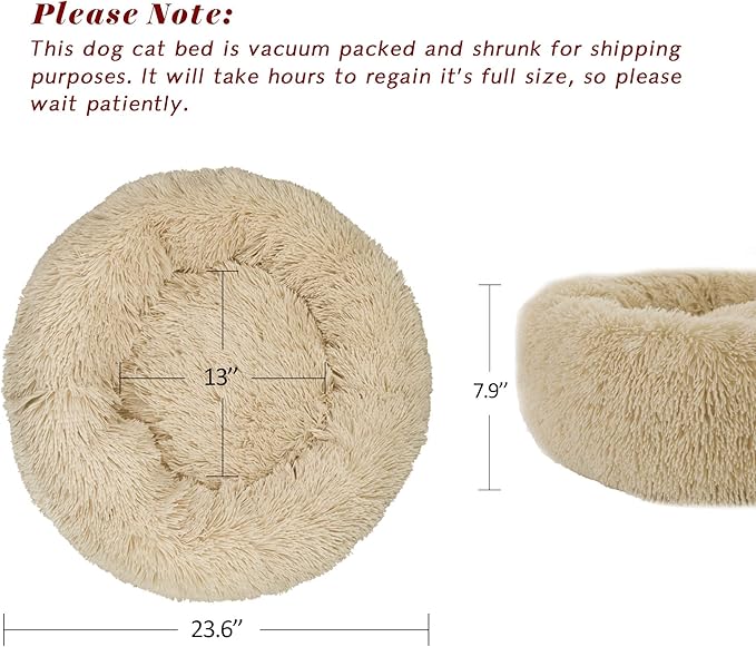 Calming Cat Bed - Anti Anxiety Round Fluffy Plush Faux Fur, Washable 23 inches Small Dog & Cat Bed