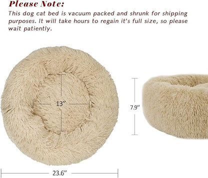 Calming Cat Bed - Anti Anxiety Round Fluffy Plush Faux Fur, Washable 23 inches Small Dog & Cat Bed