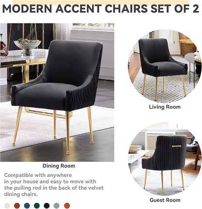 Dining Chairs, Accent Chairs Set of 2, Modern Upholstered Kitchen Dining Room Chairs with Gold Legs, Fabric Tufted Velvet Living Room Chairs for Reception Room Bedroom Guest Room (Black)