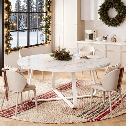 LVB White Faux Marble Round Dining Table, Circle Dining Table Kitchen 4-6 People, Mid-Century Pedestal Dinner Office Living Room, White Marble, 51 Inch