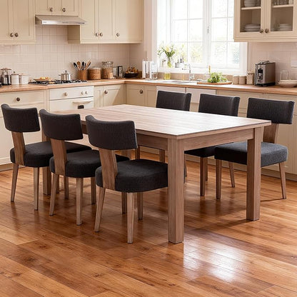 Linen Dining Chairs Set of 6, Modern Dining Chair with Curved Backrest and Wood Legs Upholstered Dining Chairs Farmhouse Dining Room Chairs Kitchen Chairs, Charcoal