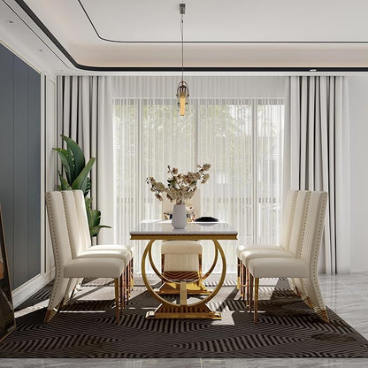 Dining Chairs, White Faux Leather Upholstered Dining Chair with Nailhead Trims, Gold Dining Room Chairs Set of 6