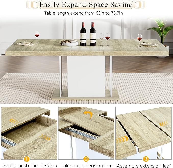 Goujxcy 78.7" Farmhouse Extendable Dining Room Table Set for 8, 9-Piece Rectangle Kitchen Dining Room Table Set with Wood Base and 8 Blue Velvet Dining Chairs, Extending Kitchen & Dining Table Set