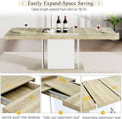 Goujxcy 78.7" Farmhouse Extendable Dining Room Table Set for 4, 5-Piece Rectangle Kitchen Dining Room Table Set with Wood Base and 4 Black Velvet Dining Chairs, Extending Kitchen & Dining Table Set