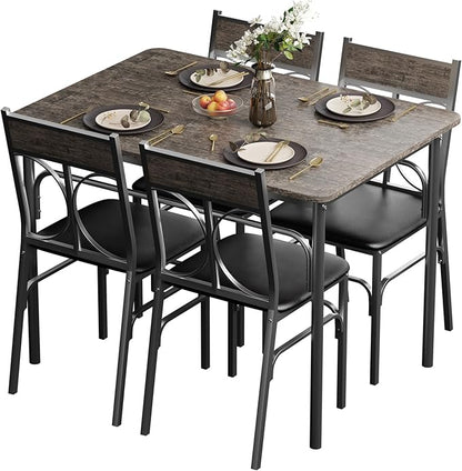 VECELO Dining Table Set for 4, Kitchen Table Set with 4 Chairs for Small Space, Space-Saving and Modern Design, Apartment, Easy to Assemble,Classic Brown