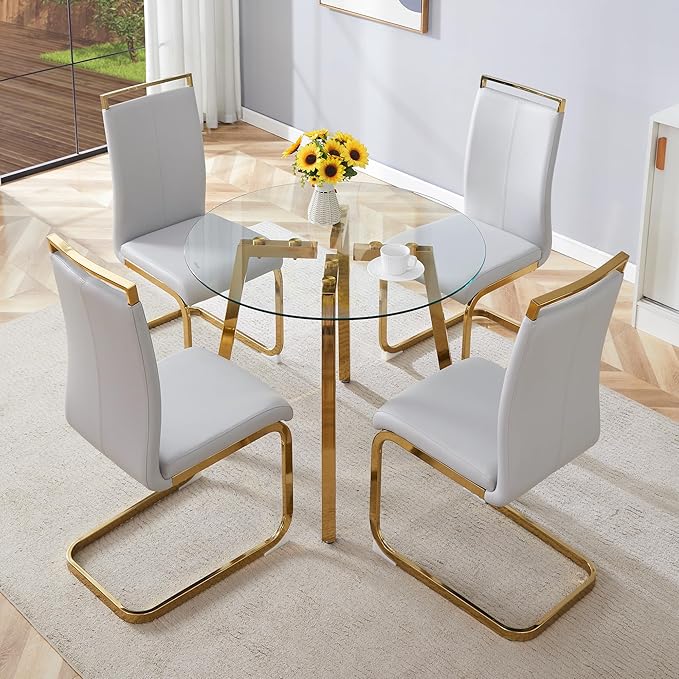 Round Dining Table Set for 4,36" Glass Dining Table Set for 4 with Stainless Steel Leg,Small Kitchen Table Set for 4 with Cushion Chairs,5 Piece Dining Table Set Space Saving