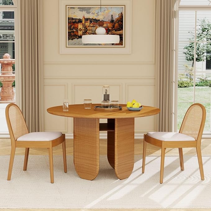 LukeAlon Linen Dining Chairs Set of 2, Natural Woven Cane Back Side Chairs with Solid Wood Legs Mid Century Dinner Chairs for Kitchen Living Room, Beige
