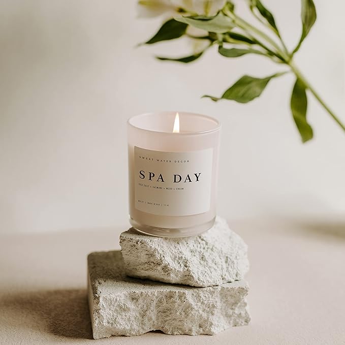Sweet Water Decor Spa Day Candle - Spa Scented Soy Wax Candle for Home - Sea Salt, Jasmine, Wood, and Cream - 11oz Jar Candle with Wood Lid, 50+ Hour Burn Time, Made in The USA