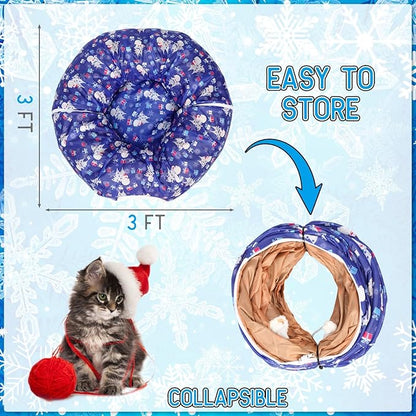 Christmas Cat Tunnel Bed for Indoor Cats Under Christmas Tree Skirt Tube with Hanging Ball Plush Cat Cave, Washable Holiday Pet Gift Toy & Gift for Kittens(Snowman)