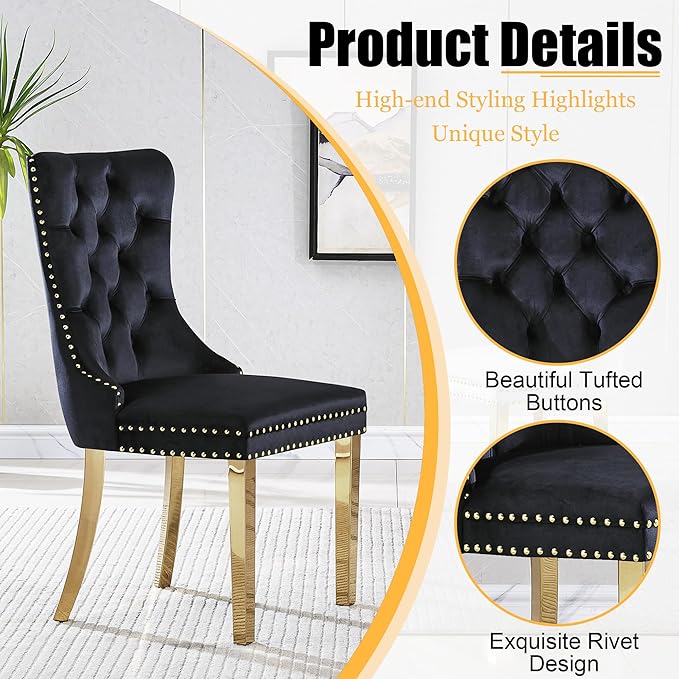 3 Piece Glass Dining Table Set, 35" Square Glass Kitchen Table with 2 Black Velvet Upholstered Chairs, Gold Dining Table for 2 with Chairs Set for Kitchen, Living Room