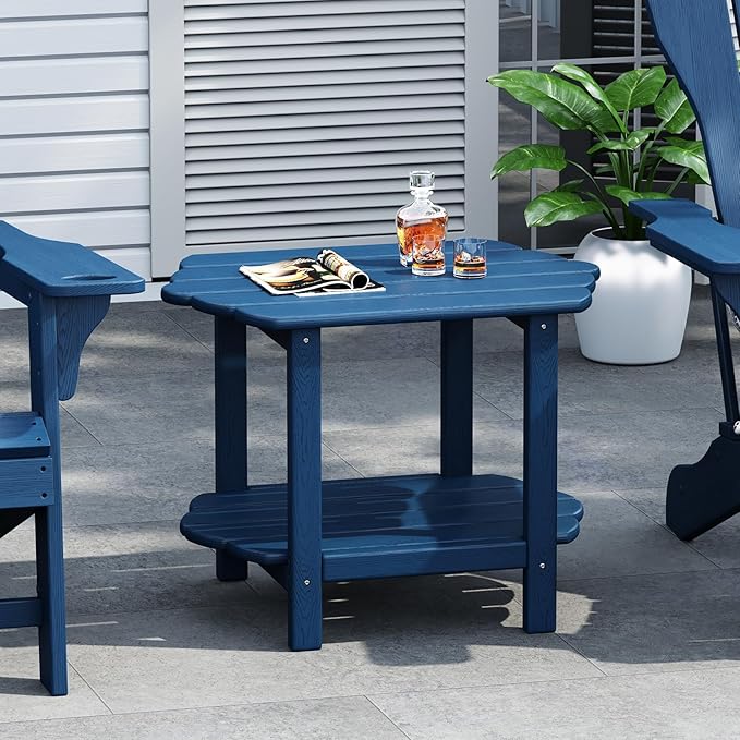 Small Outdoor Side Tables Modern 2-Tier Adirondack Table Rustic End Table HDPE Storage Shelf Industrial Corner Rectangle Coffee Table for Patio Garden Balcony Backyard Pool Farmhouse Home Blue