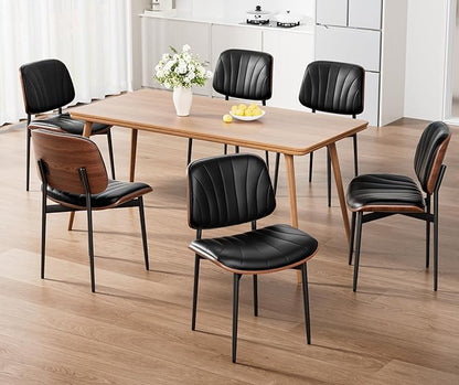Dining Chairs Set of 2, Mid-Century Modern Upholstered PU Leather Chairs with Walnut Bentwood Back and Metal Legs Adjustable Feet for Kitchen, Black Shell Strips