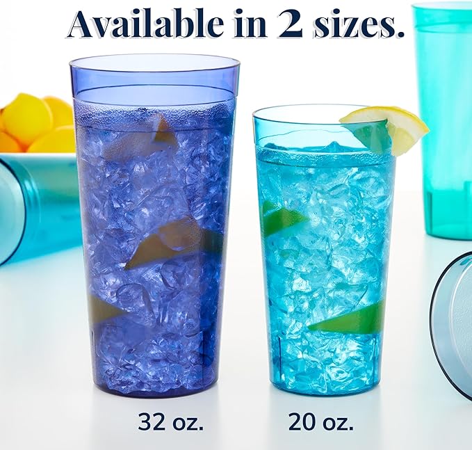 US Acrylic Cafe Plastic Reusable Tumblers (Set of 16) 20-ounce Water Cups Coastal Colors | Restaurant Style Drinking Glasses Value Set, Stackable, BPA-free, Made in the USA | Top-rack Dishwasher Safe
