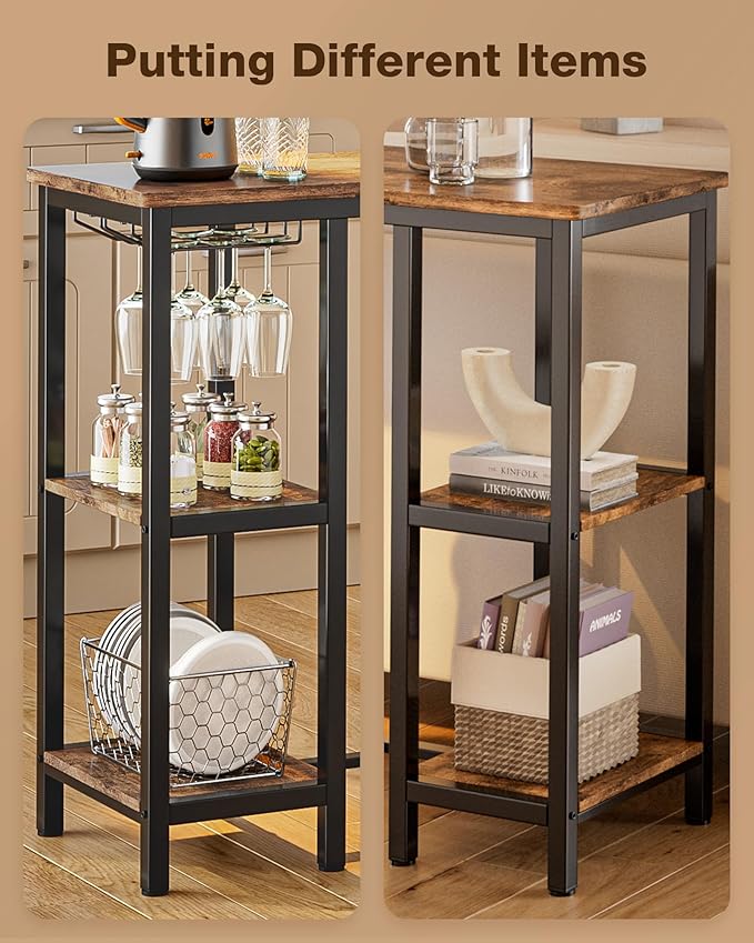 3-Piece Bar Table Set for 2, Bar Height Table with Stools & 2 Storage Shelves, Small Bar Table Set with Glass Rack, Small Kitchen Table for Dining Room, Living Room, Rustic Brown