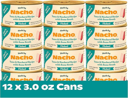 Made by Nacho Flaked Filets Recipe in Bone Broth, Grain-Free Chef's Selects Wet Food for Cats Balanced Diet in Naturally Hydrating Pumpkin-Infused Broth (3.0 oz (Pack of 12), Tuna & Mackerel)