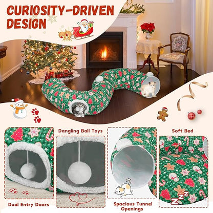 Cat Tunnel Christmas Tree Skirt Cat Tunnel Bed for Indoor Cats Play Donut Tunnel Toys S Shape for Rabbit Ferret (Green)