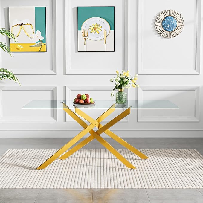60.6'' Tempered Glass Dining Table for 4-6 People, Rectangle Kitchen Table with Gold X-Base Metal Legs, Adjustable Feet, Glass Top Desk for Home Office Gold Dining Room Table for 6
