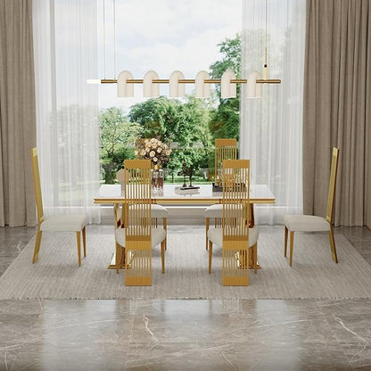 Modern Dining Chairs Set of 6, White Sponge Dining Room Chairs with Brushed Gold Stainless Steel Legs, Upholstered Chairs with High Back and Metal Legs for Living Room/Kitchen/Restaurant