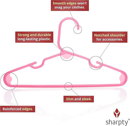 Sharpty Kids Plastic Hangers, Children's Hangers for Baby, Toddler, and Child Clothes - Everyday Standard Use - Ideal for Boys and Girls Closet, Clothing, Pants, Coats, and More - Pink, 20 Pack