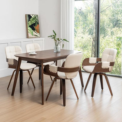 Set of 4 Swivel Dining Chairs - Mid Century Modern Dining Chairs with Arms and Curved Back, Faux Leather Bentwood, Versatile for Living Room/Reception/Conference Room/Kitchen/Desk (Walnut Beige)
