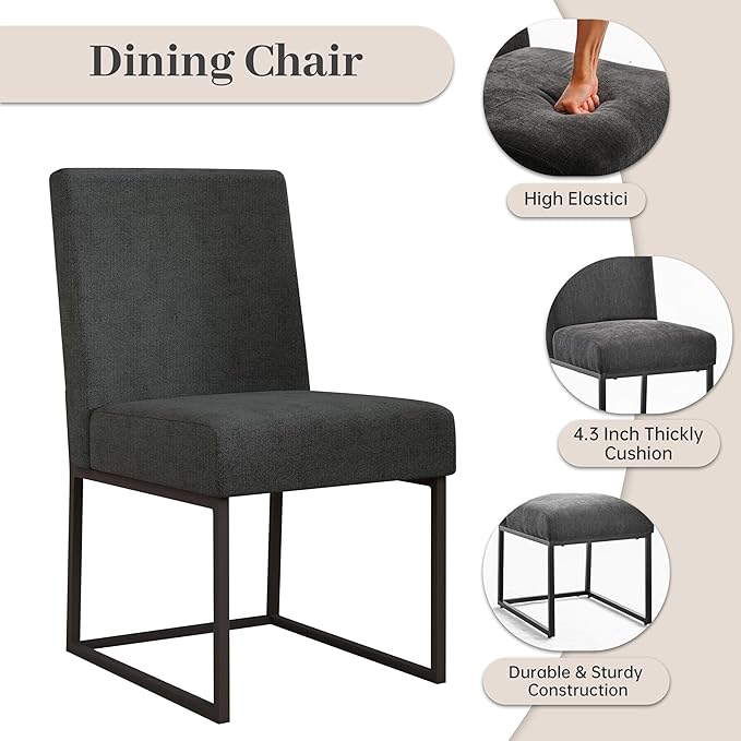 VKNOW Upholstered Dining Chairs Set of 6, Modern Dining Room Chairs, Linen Kitchen Chair Dinner Chair with Black Metal Base for Kitchen Office, Dark Grey-Unstriped