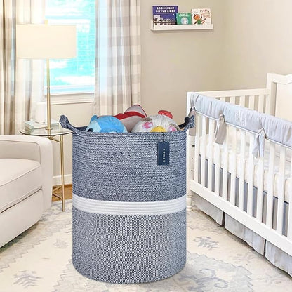 COMSE Extra Large Blanket Basket, Tall Woven Storage Basket, Nursery Hamper, 15.7”x 21.7”, Cotton Rope Laundry Hamper for Toys Clothes Towels, Blend Navy Blue/White