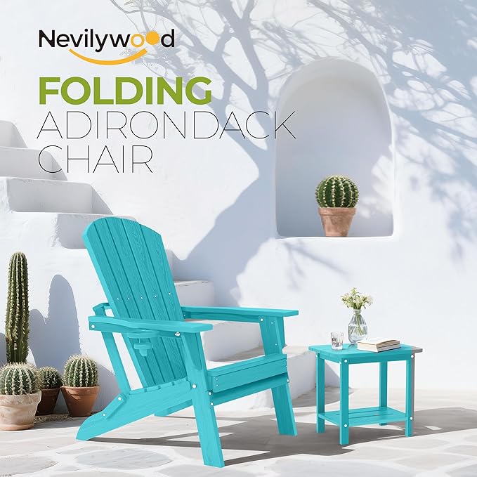 nevilywood Folding Adirondack Chair with Cup Holder Set of 4, HDPE Patio Chairs,All-Weather Outdoor Chairs for Backyard, Deck,Fire Pit-Aruba